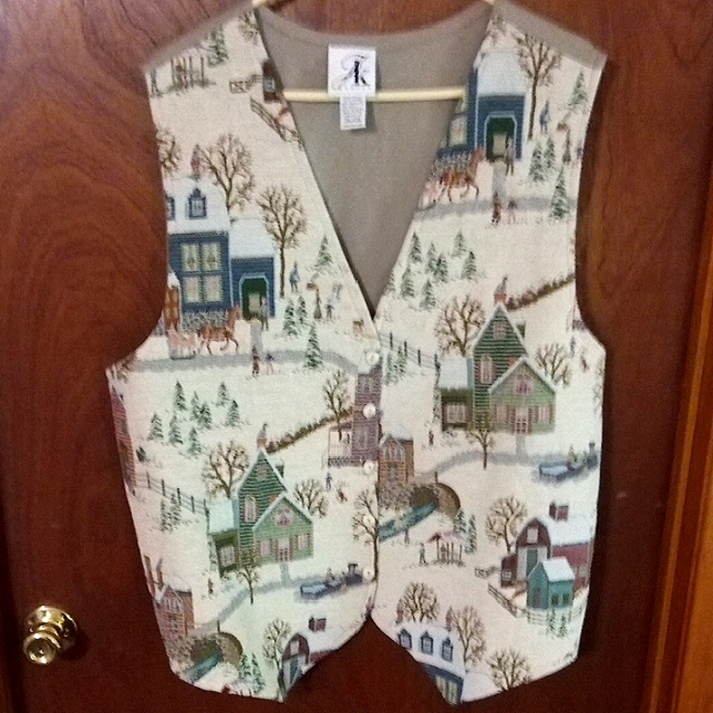 Vintage Tapestry Country Snow Village Vest Size 26/38